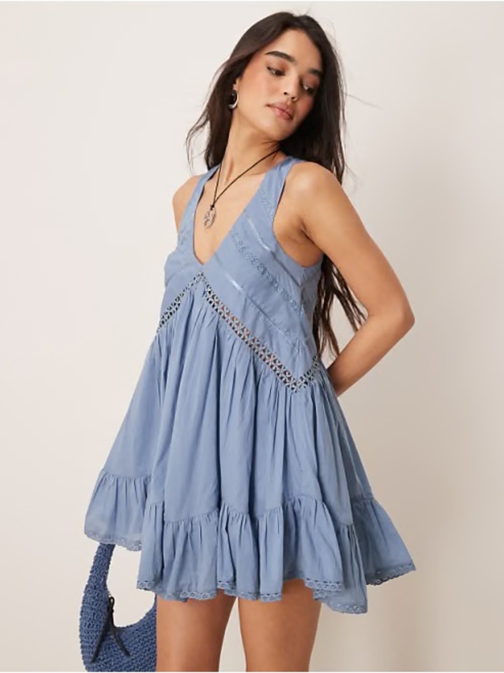 ASOS Blue V-Neck Handkerchief Hem Mini Dress